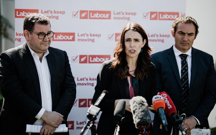 Labour Party leader Jacinda Ardern with finance spokesperson Grant Roberston and small business spokesperson Stuart Nash.
