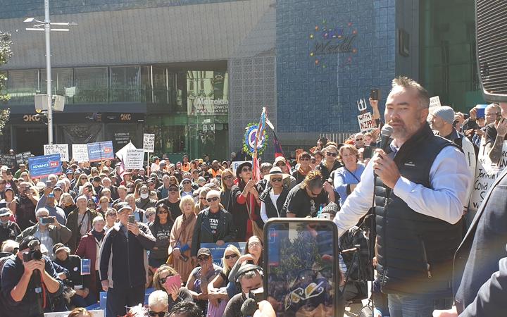 Advance Party co-leader Billy Te Kahika addresses the crowd demonstrating against the government's use of lockdowns and other Covid-19 restrictions on 12 September, 2020.