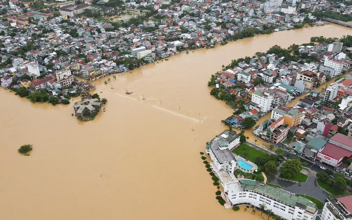An aerial picture shows Hue city, submerged in floodwaters caused by heavy downpours, in central Vietnam on October 12, 2020.