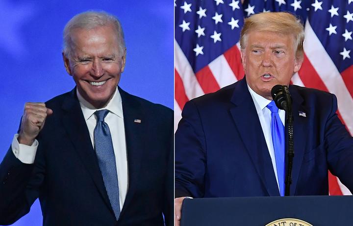 Democratic presidential nominee Joe Biden and US President Donald Trump speaking on election night.