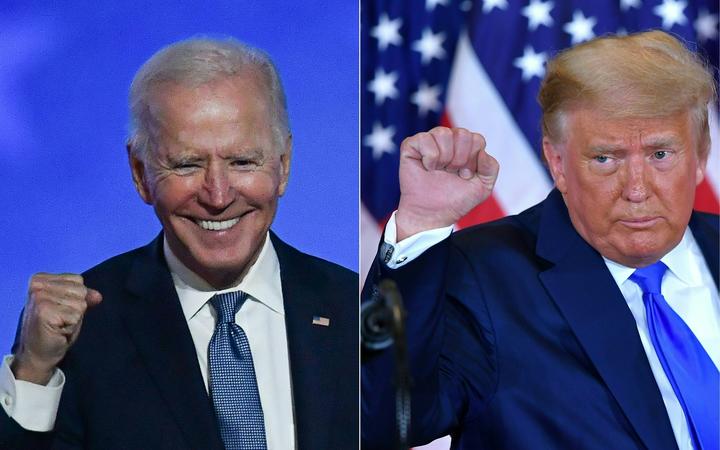 Democratic presidential nominee Joe Biden (L) in Wilmington, Delaware, and US President Donald Trump (R) in Washington, DC both pumping their fist during an election night speech early November 4, 2020. 