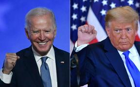Democratic presidential nominee Joe Biden (L) in Wilmington, Delaware, and US President Donald Trump (R) in Washington, DC both pumping their fist during an election night speech early November 4, 2020. 