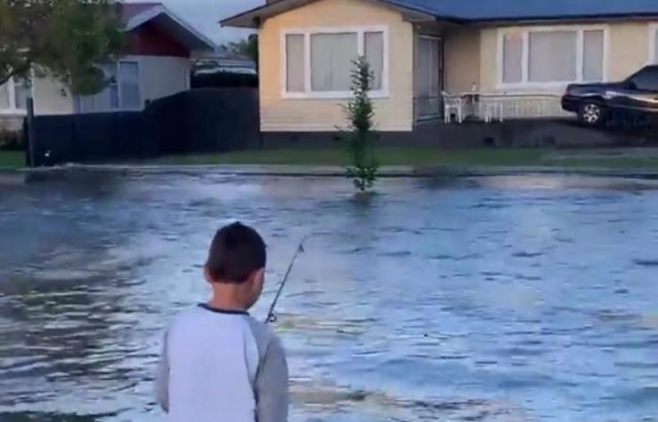 Jamie Lindsay's son fishing in their flooded street in Pirimai, Napier 