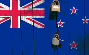 New zealand flag is on texture. Template. Coronavirus pandemic. Countries are closed. Locks.
