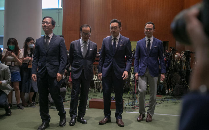 From left to right Kwok Ka-ki, Kenneth Leung, Alvin Yeung and Dennis Kwok meet the press in Legco just moments after their disqualifications were announced on Nov 11, 2020. 
