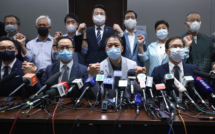 Pro-democracy legislators hold a press conference to resign from the Legislative Council en masse after Alvin Yeung Ngok-kiu, Kwok Ka-ki, Kenneth Leung and Dennis Kwok were disqualified when China passed a new resolution in Hong Kong.