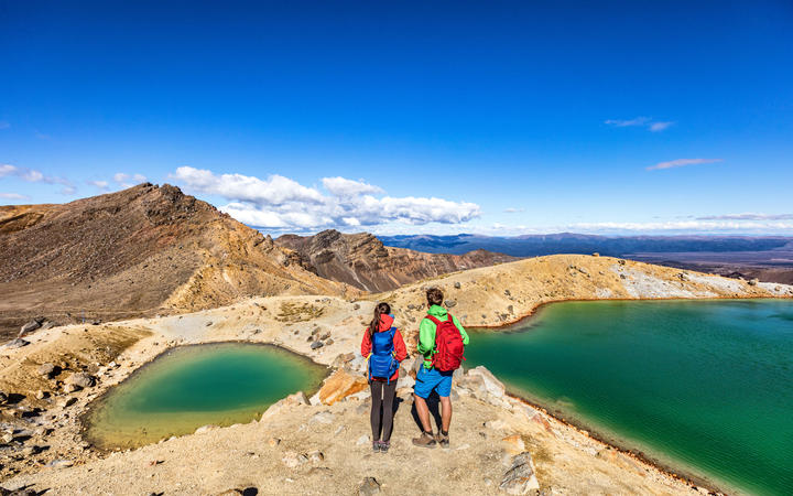 New Zealand popular tourist hiking hike in Tongariro Alpine Crossing National Park. Tramping trampers couple hikers walking on famous destination in NZ.