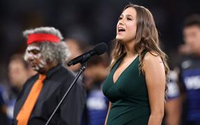 SYDNEY, AUSTRALIA - DECEMBER 05: Olivia Fox sings the national anthem during the 2020 Tri-Nations match between the Australian Wallabies and the Argentina Pumas at Bankwest Stadium on December 05, 2020 in Sydney, Australia. (Photo by Cameron Spencer/Getty Images)