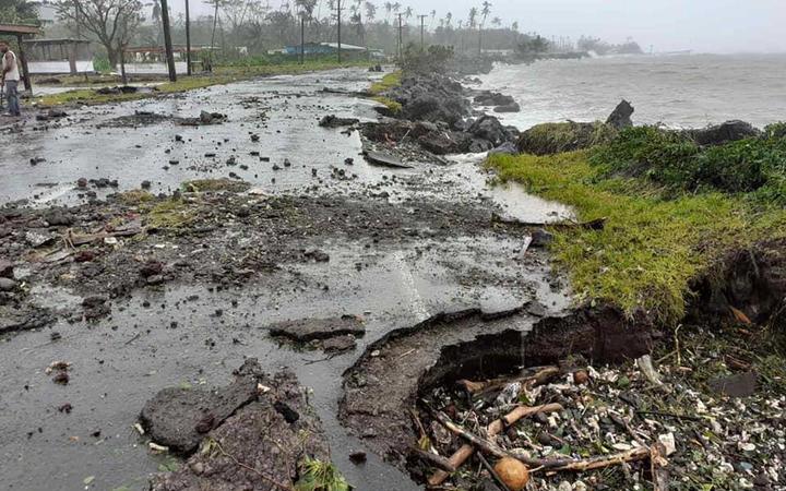 A coastal road damaged due to Cyclone Yasa