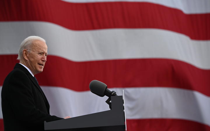 US President-Elect Joe Biden speaks in Delaware before departing for Washington, DC on 19 January.