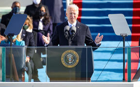 US President Joe Biden delivers his inaugural address on the West Front of the US Capitol.