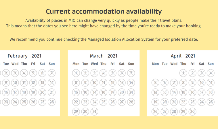 Every spot in managed isolation and quarantine is booked out until the end of May, and no dates beyond then have been released