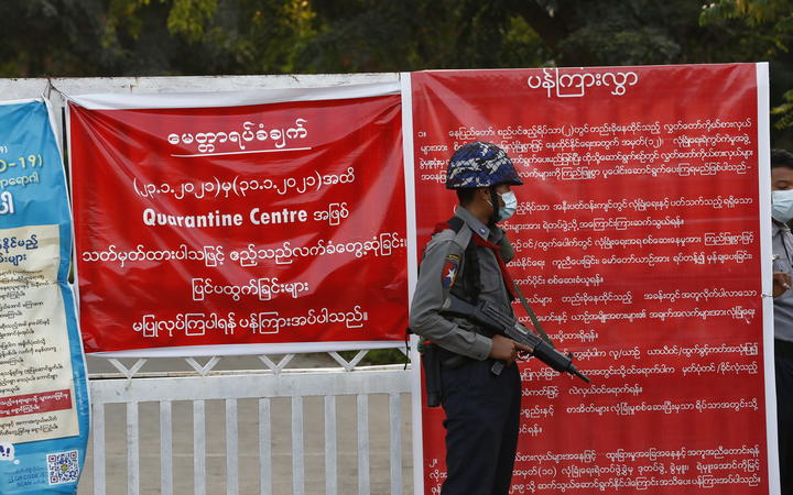 Myanmar's military stand guard at around Sin Bin Guest House in Naypyitaw, Myanmar.