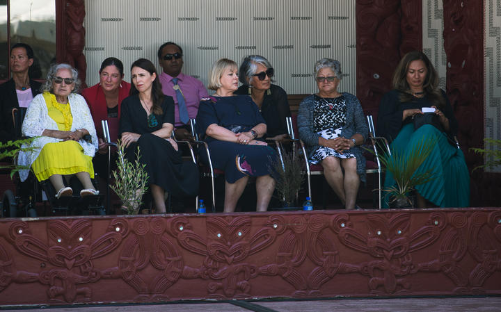Prime Minister Jacinda Ardern, National Party leader Judith Collins and Greens co-leader Marama Davidson (on far right).