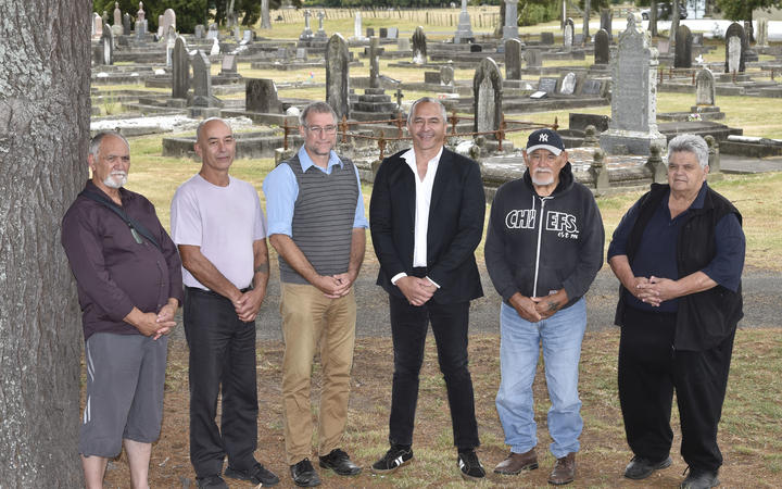 Members of the Kiwa advisory group met with council staff at Taruheru Cemetery on Friday; from left, Owen Lloyd, Samuel Lewis, council project manager Wolfgang Kanz, Ian Ruru, David Hawea and Keith Katipa.