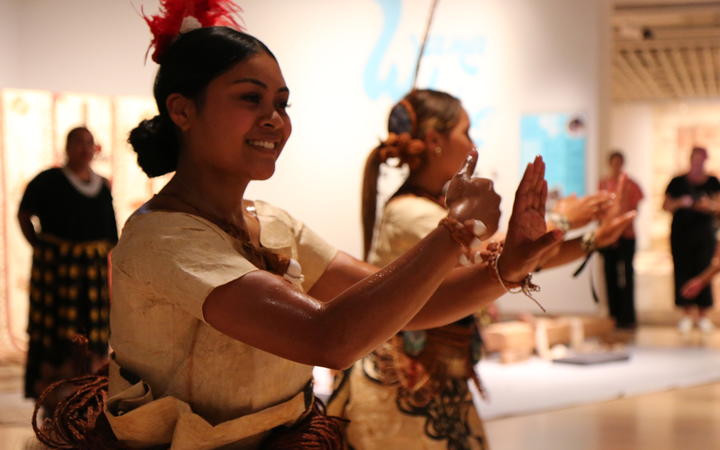 Daphnie Taulata (Left) performs a Tongan cultural dance at the Te Papa Museum in a costume made of ngatu or bark cloth. Wellington February 2021