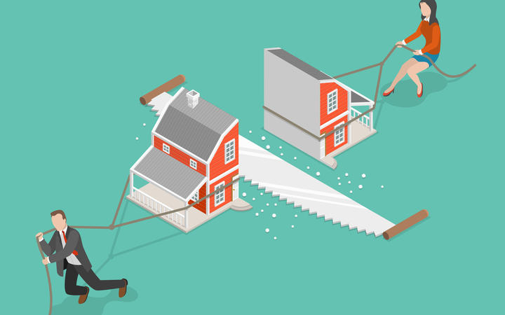 Divorce flat isometric vector concept. Man and a woman are dragging their half of the sawn house.