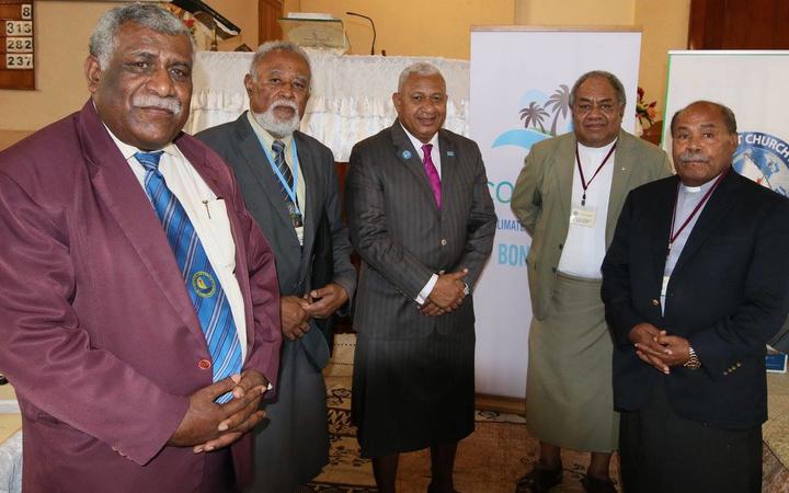 From left, Methodist Church president Reverend Ili Vunisuwai, vice-president Apisalome Tudreu, Prime Minister  Frank Bainimarama, and former church presidents Dr Epineri Vakadewavosa and Tevita Banivanua,