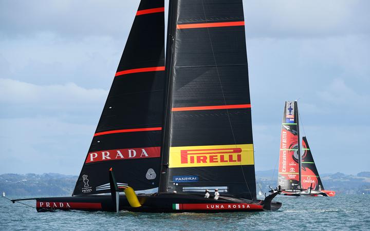 Team New Zealand foil past Luna Rossa  who are off their foils in Race 8, America's Cup 2021.