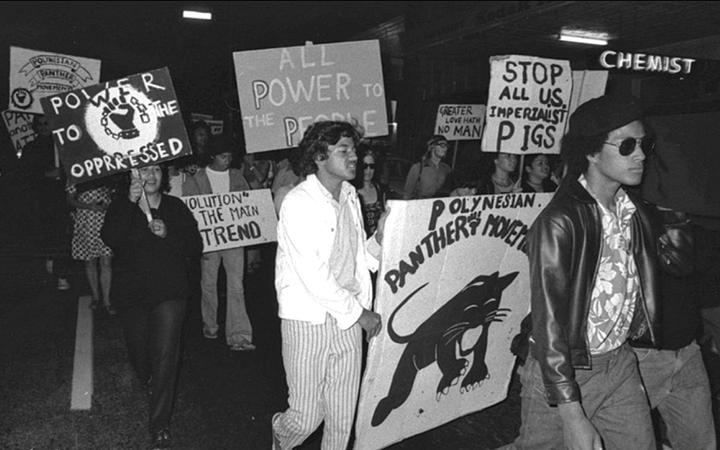 The Polynesian Panthers at a prtest rally in the 1970s.