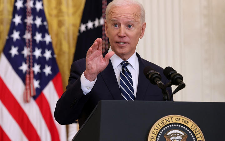 President Joe Biden talks to reporters during the first news conference of his presidency in the East Room of the White House on 25 March 2021 in Washington, DC. 