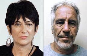 Ghislaine Maxwell (L) during an event on September 20, 2013 in New York City and an undated handout photo obtained on July 11, 2019 courtesy of the New York State Sex Offender Registry of Jeffrey Epstein (R). 