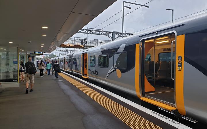 The first Te Huia commuter train from Hamilton to Auckland arrives at Papakura on Tuesday morning.
