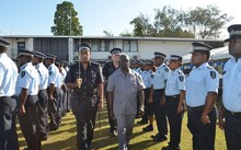 Solomon Islands Prime Minister Manasseh Sogavare inspects a guard of honour by members of the RSIPF before the opening of the National Response Department facility.