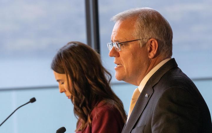 QUEENSTOWN, NEW ZEALAND - MAY 31: New Zealand Prime Minister Jacinda Ardern and Australian Prime Minister Scott Morrison during the Australia-New Zealand Leaders Meeting on May 31, 2021 in Queenstown, New Zealand. 