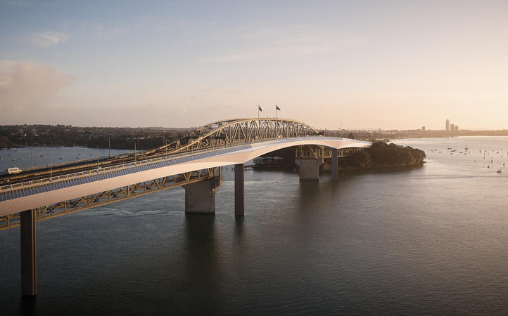 An aerial view of the proposed Northern Pathway Waitemata Harbour crossing.