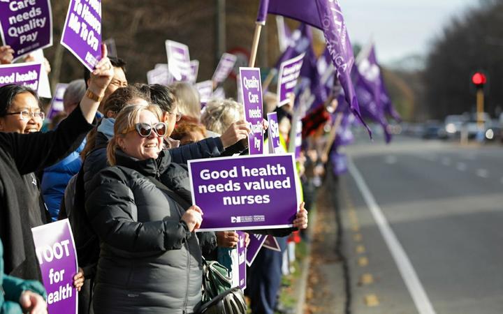 Nurses strike outside Christchurch Hospital.