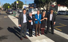 Deputy mayor Justin Lester with resident Jane Byrne, cycling advocate Ron Beernink, Island Bay residents association president Vicki Greco and councillor Paul Eagle in a photo from June 2016.