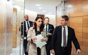 Prime Minister Jacinda Ardern and Covid-19 Response Minister Chris Hipkins heading to a post-Cabinet conference.