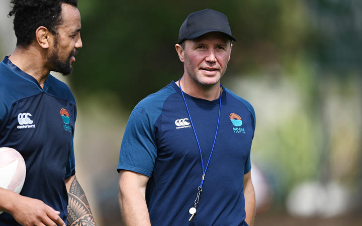 Aaron Mauger was an assistant coach for Moana Pasifika's match against the Māori All Blacks.