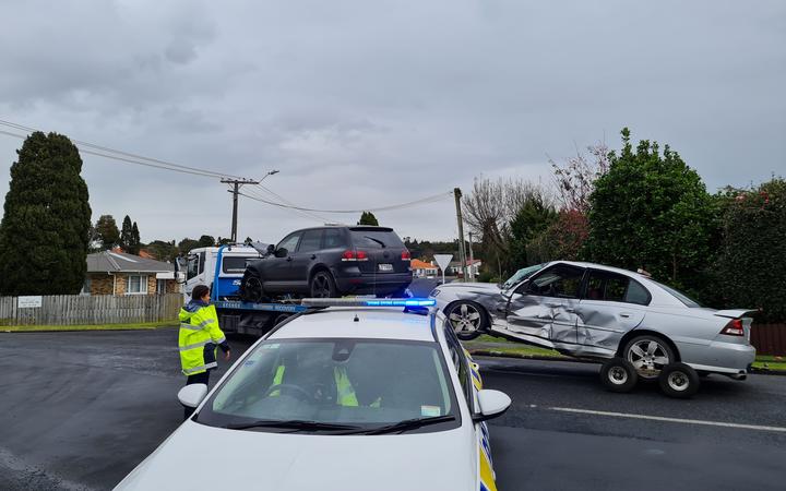 Damaged vehicles after an incident in Papakura.