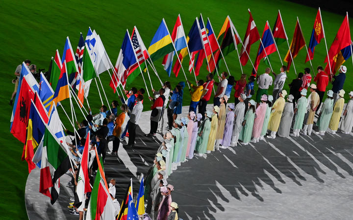 The march of the athletes during the closing ceremony of the Tokyo 2020 Olympic Games at the Olympic Stadium in Tokyo, Japan.
