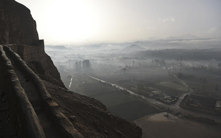 Bamiyan city seen from the hills of Salsal Buddha, the site of the Buddhas of Bamiyan statues, which were destroyed by the Taliban in 2001. March 14 2021. 