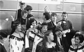 The Beatles and members of the Te Pataka concert party at Wellington Airport, 21 June 1964.