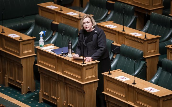 Judith Collins at The first Question time and sitting of the House  in alert level 4 lockdown in the House of Representatives debating chamber.