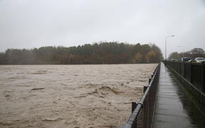 Flood water lashing the Ashburton Bridge on May 30. 
