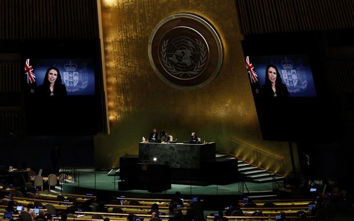 Prime Minister of New Zealand, Jacinda Ardern delivers a pre-recorded speech to the 76th session of the United Nations General Assembly at UN headquarters on September 24, 2021, in New York.