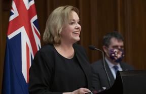 National Party leader Judith Collins, with Covid-19 spokesperson Chris Bishop in background, during their press conference at Parliament, Wellington, 28 September, 2021. 