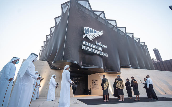 Emirati and Whanganui river leaders perform a dawn ceremony ahead of the opening of Expo 2020 Dubai.