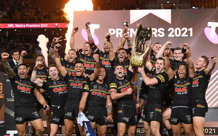The Penrith Panthers celebrate after they win over the South Sydney Rabbitohs in the NRL Grand Final