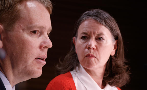 07102021 PHOTO: ROBERT KITCHIN/STUFF L-R: Covid response minister Chris Hipkins, and Director of Public Health Dr Caroline McElnay brief the public in the daily 1pm Covid Update at Parliament.