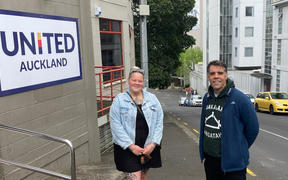 LifeWise's Jamie Akarana and Peter Shimwell outside the youth accommodation facilitiy in Auckland's CBD.