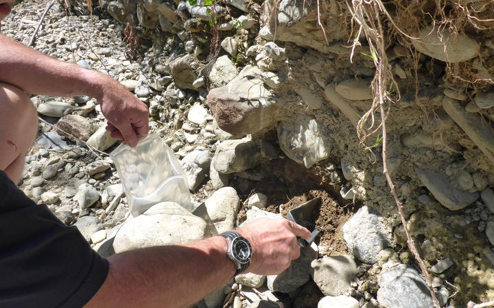 Niwa scientist Greg Olsen collects samples of sediment from a stream's bank to determine where it came from. 