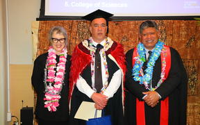 From Left: Massey University Provost Professor Giselle Brynes, James Cherrington and Dean Pacific Professor Palatasa Havea. Picture supplied by Massey University