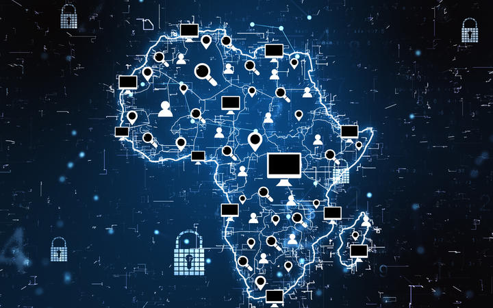 Cyberspace communication concept with digital Africa map, glowing social media icons, computer signs and locks at dark background. 3D rendering