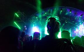  A young woman from the back dances standing in front of the stage among the crowd of festival goers. Photograph by Amaury Cornu / Hans Lucas.
